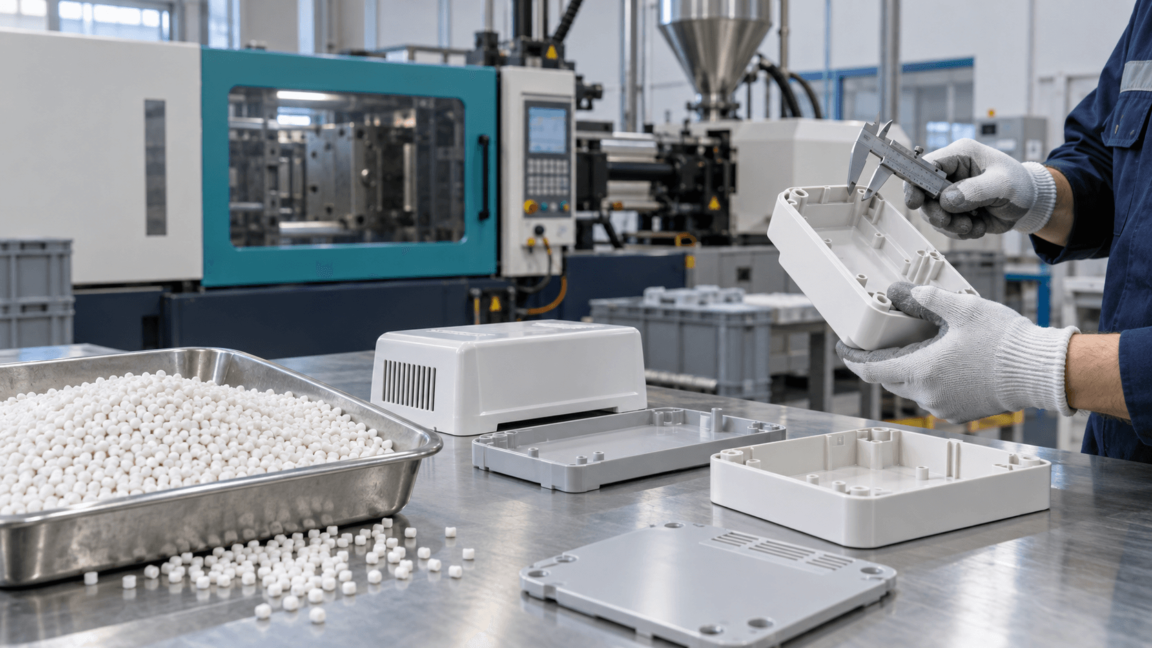 Recycled HIPS pellets, injection-moulded housings and dimensional inspection in a plastics processing workshop