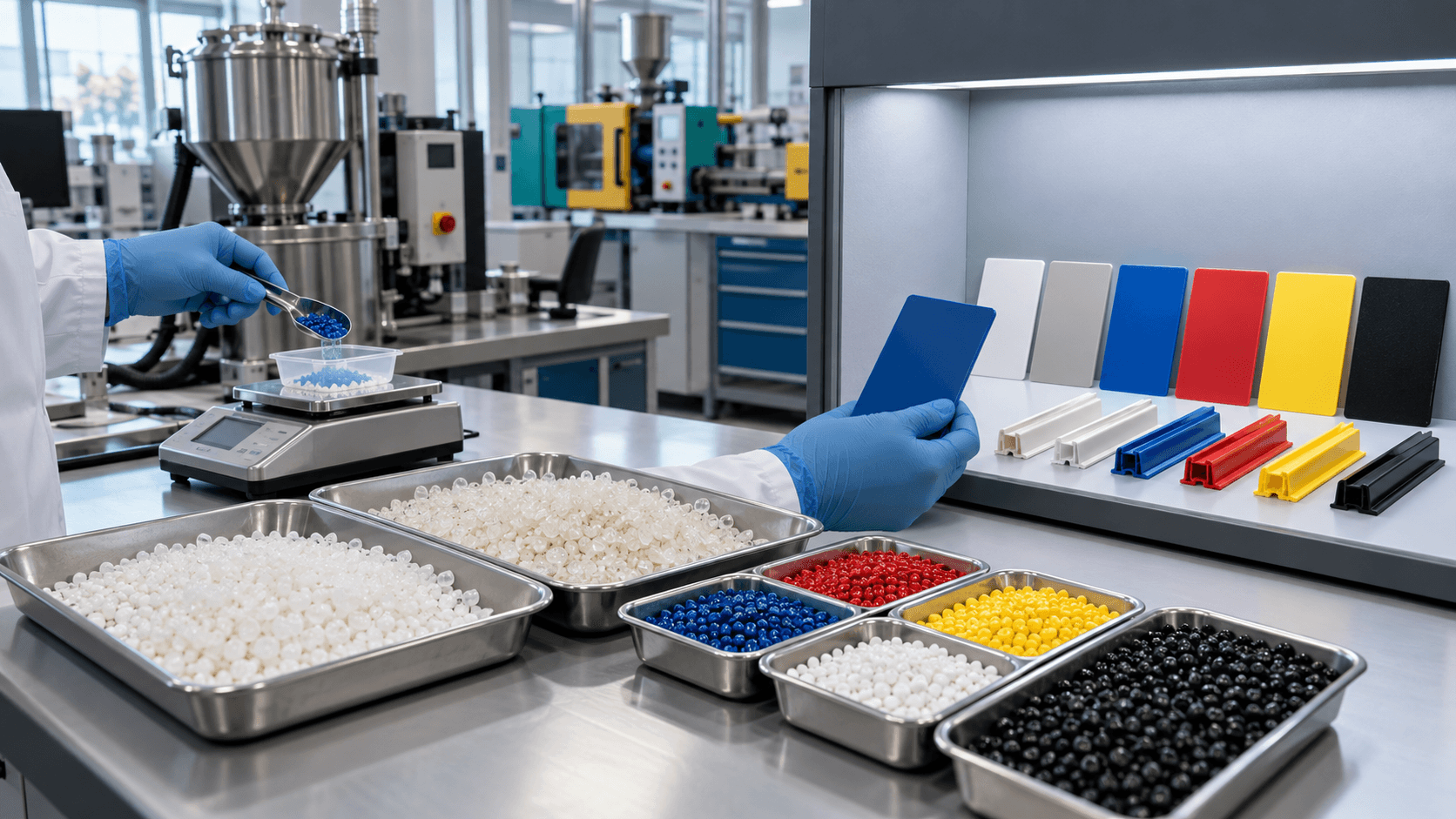 Coloured masterbatch pellets, recycled PS pellets and finished colour plaques in a plastics colour laboratory