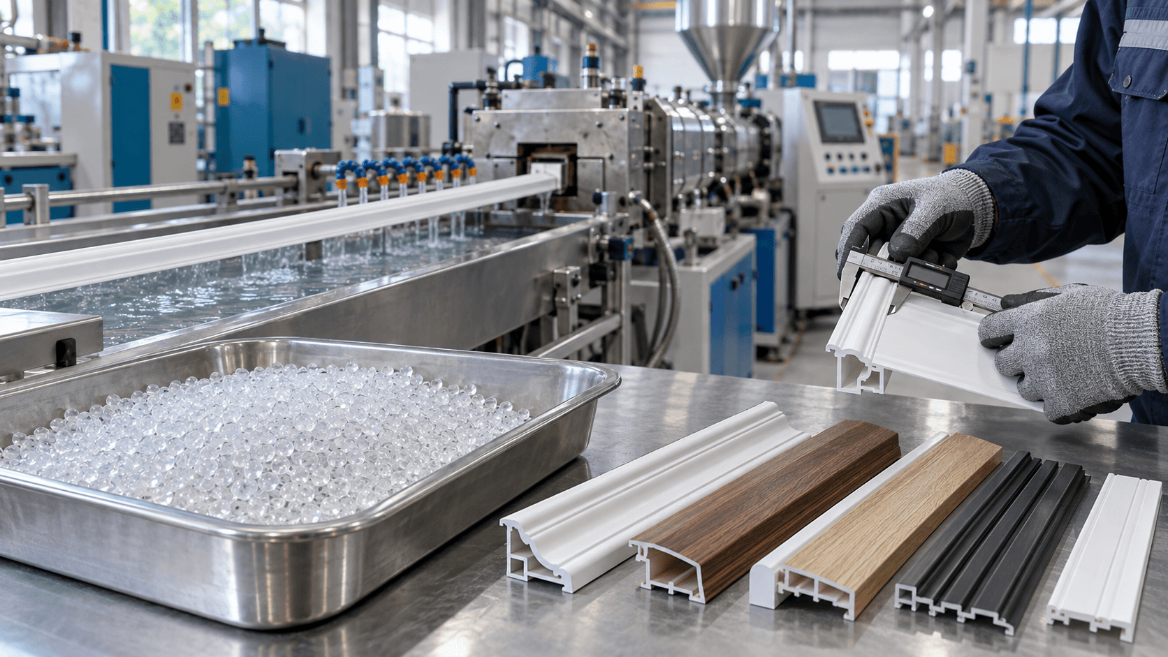 Recycled EPS pellets, decorative PS profiles and dimensional inspection on a profile extrusion line