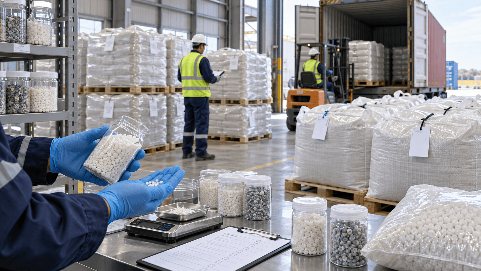 Recycled polystyrene pellet samples, sealed export bags and container loading during shipment inspection