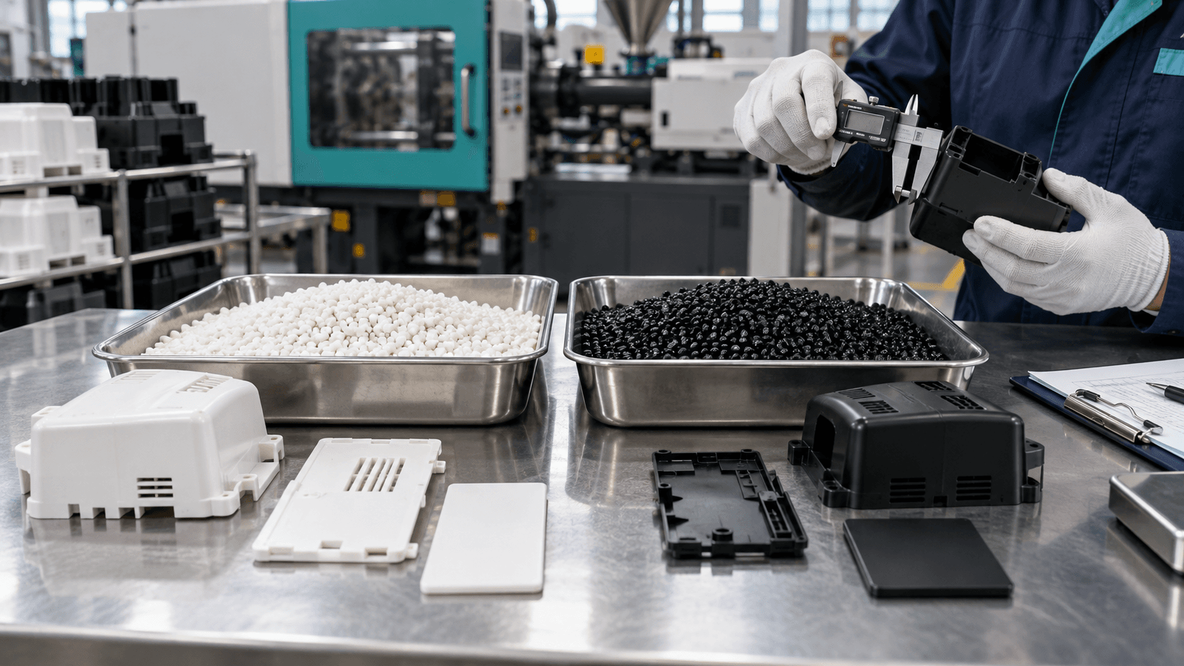 White and black recycled HIPS pellets with moulded housings during dimensional inspection